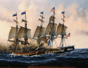 Guerriere's first collision with Constitution, painting by Briton Ken Grant