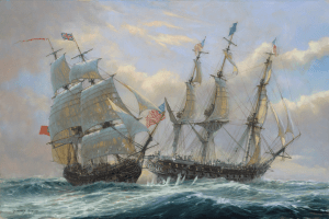 Java rakes Constitution, painting by Briton Geoff Huband. He has heightened the drama by clouding the sky and roughing the waters (the actual day was sunny, the sea oily calm)