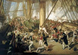 In this painting of the Battle of Trafalgar various types of naval headgear can be seen