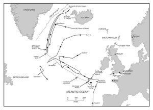 Battle map showing the scope of the Bismarck action from 23 May 1941, when Bismarck and Prinz Eugen were shadowed by British cruisers, through the Battle of the Denmark Strait, on 24 May, to the final clash on 27 May. Copyright © Dennis Andrews.