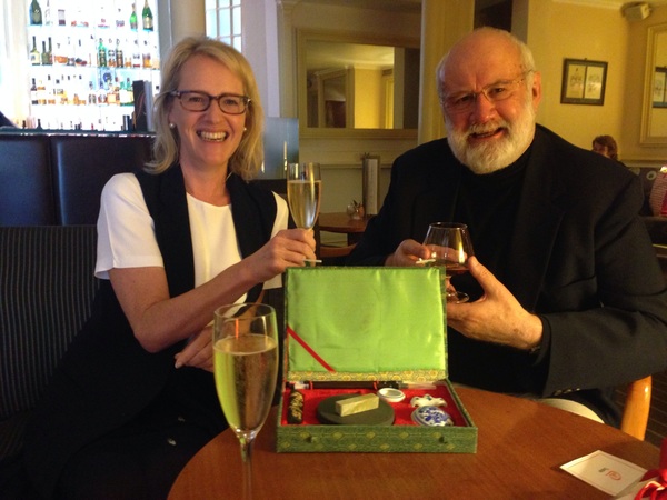 Toasting the upcoming launch in November of THE SILK TREE with Allison & Busby’s Publishing Director Susie Dunlop