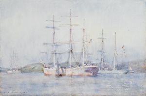 The American artist Henry Scott Tuke lived in Falmouth in the early twentieth century and painted this charming watercolour of two French barques in Carrick Roads